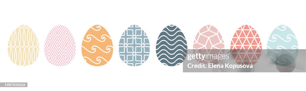 Osterfeier-Konzept im flachen Stil. Ostereier mit geometrischem Ornament auf isoliertem weißem Hintergrund. Osterfrühlingsset für festliche Dekoration.