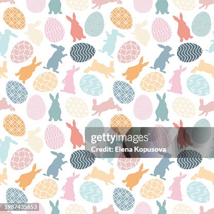 Easter celebration concept in flat style. Multicolored Easter eggs with Easter bunnies on an isolated white background. Easter spring seamless background for holiday decoration. Easter celebration concept in flat style. Multicolored Easter eggs with Easter bunnies on an isolated white background. Easter spring seamless background for holiday decoration.