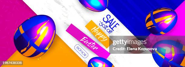 easter celebration concept in modern style. multicolored easter pearl eggs with futuristic ornament on an abstract colored paper background. spring discounts for holiday decorations. - easter sunday vector stock illustrations