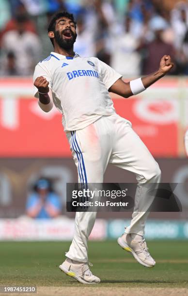 India bowler Jasprit Bumrah celebrates after taking the wicket of England batsman Ben Foakes during day four of the 2nd Test Match between India and...