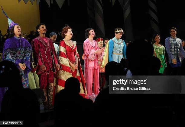 Francis Jue, DeMarius Copes, Harriet Harris, Sutton Foster, Paul Kreppel, Michael Urie, Nikki Renee Daniels and Cheyenne Jackson during the curtain...