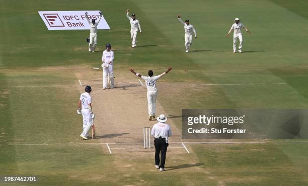 India bowler Jasprit Bumrah celebrates after taking the wicket of England batsman Tom Hartley to win the game for India during day four of the 2nd...