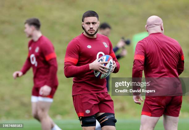 Ethan Roots of England looks on during the England Rugby Training session at Pennyhill Park on February 05, 2024 in Bagshot, England.