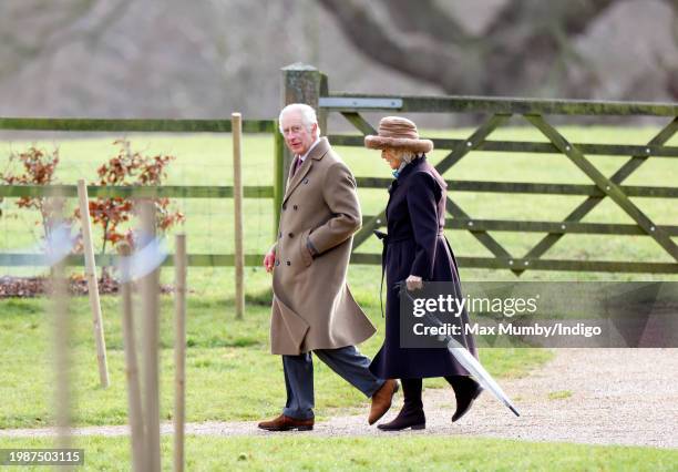 King Charles III and Queen Camilla attend the Sunday service at the Church of St Mary Magdalene on the Sandringham estate on February 4, 2024 in...