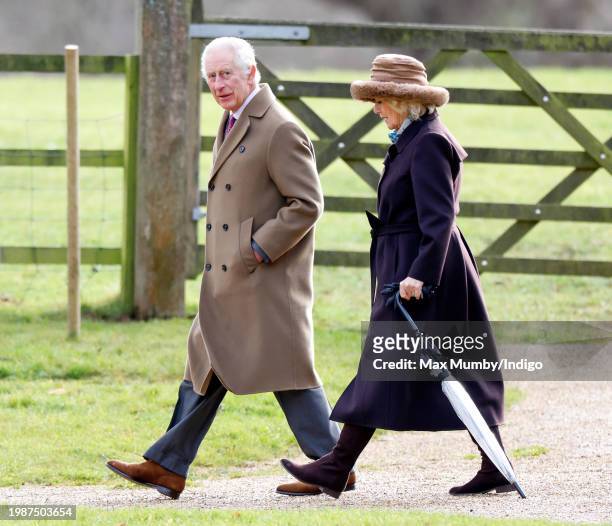 King Charles III and Queen Camilla attend the Sunday service at the Church of St Mary Magdalene on the Sandringham estate on February 4, 2024 in...