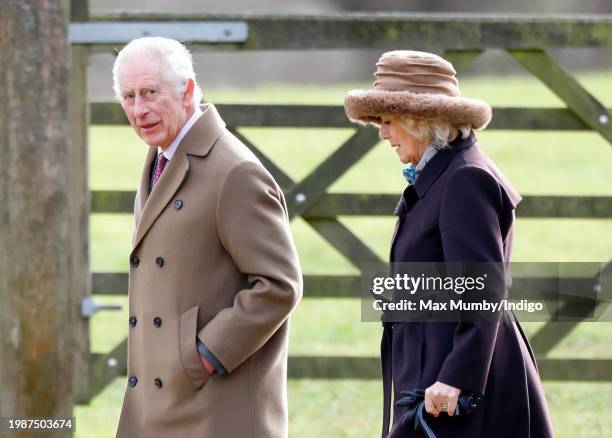 King Charles III and Queen Camilla attend the Sunday service at the Church of St Mary Magdalene on the Sandringham estate on February 4, 2024 in...