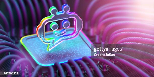 electronic quantum computer microchip with chatbot icon and wires for data transfer. artificial intelligence and big data flow management. - icons stock pictures, royalty-free photos & images