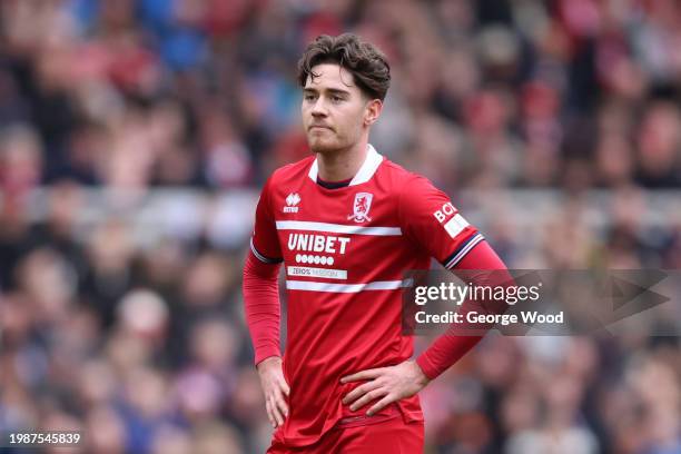 Hayden Hackney of Middlesbrough looks on during the Sky Bet Championship match between Middlesbrough and Sunderland at Riverside Stadium on February...