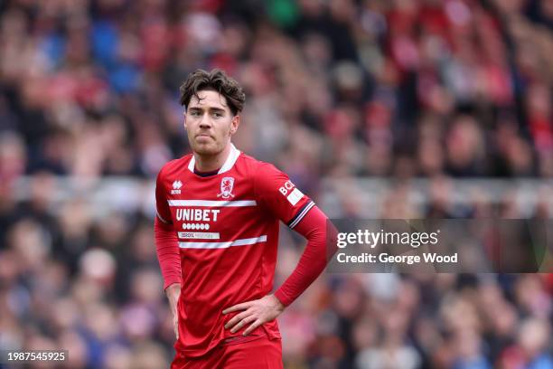 Hayden Hackney of Middlesbrough looks on during the Sky Bet Championship match between Middlesbrough and Sunderland at Riverside Stadium on February...