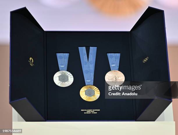 Medals of upcoming Paris 2024 Olympic and Paralympic Games unveil during a media presentation in Saint-Denis, near Paris, France on February 08, 2024.
