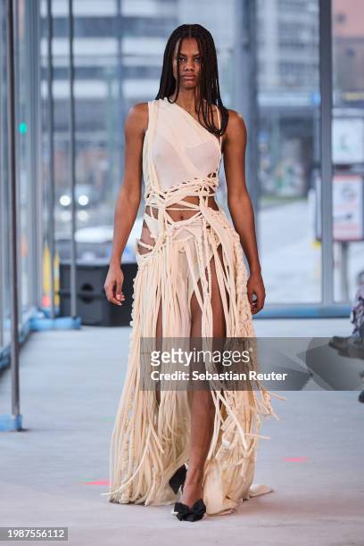 Model walks the runway at the Olivia Ballard Fashion show as part of Berlin Fashion Week AW24 on February 05, 2024 in Berlin, Germany.