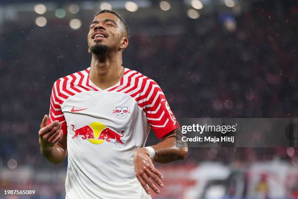 Benjamin Henrichs of RB Leipzig reacts during the Bundesliga match between RB Leipzig and 1. FC Union Berlin at Red Bull Arena on February 04, 2024...