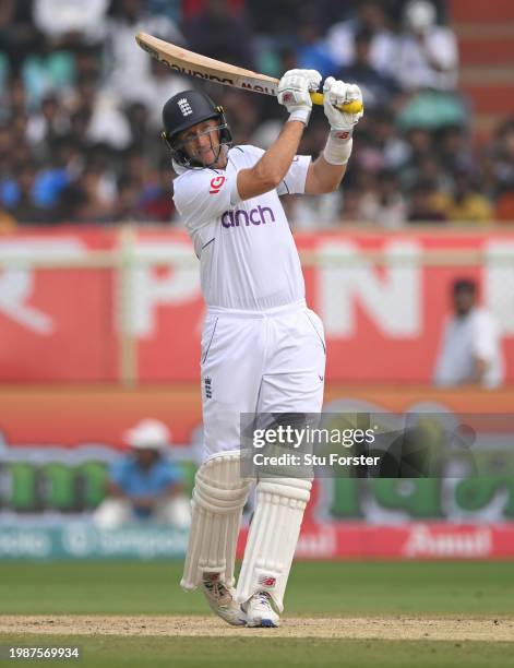 England batsman Joe Root drives to the boundary during day four of the 2nd Test Match between India and England at ACA-VDCA Stadium on February 05,...