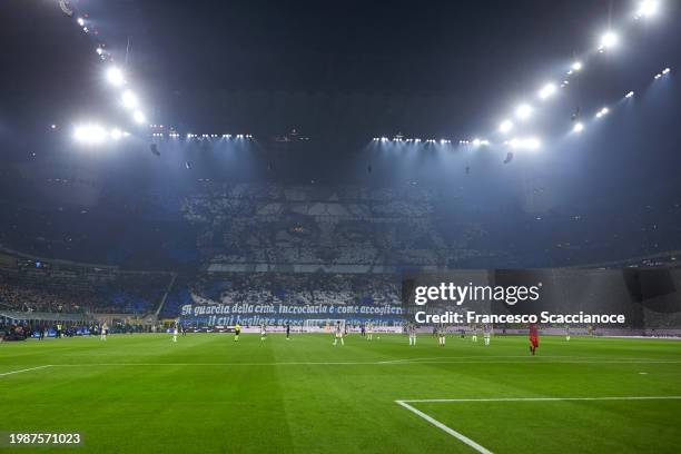 Supporters of FC Internazionale display a large tifo during the Serie A TIM match between FC Internazionale and Juventus - Serie A TIM at Stadio...