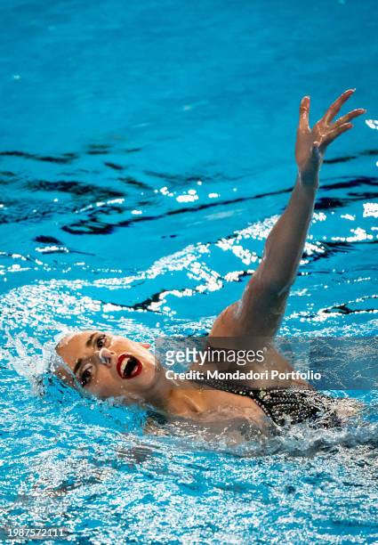 Vasiliki Alexandri of Austria competes in the artistic swimming solo technical women during the 21st World Aquatics Championships at the Aspire Dome...