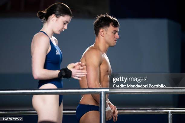 Tom Daley and Andrea Spendolini Sirieix of Great Britain compete in the Mixed team event final during the 21st World Aquatics Championships at the...