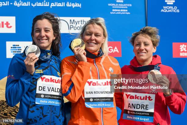 Maria de Valdes of Spain, silver, Sharon van Rouwendaal of The Netherlands, gold, Angelica Andre of Portugal, bronze show the medals after competing...