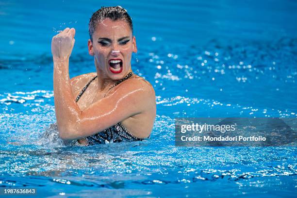 Vasiliki Alexandri of Austria competes in the artistic swimming women's solo technical final during the 21st World Aquatics Championships at the...