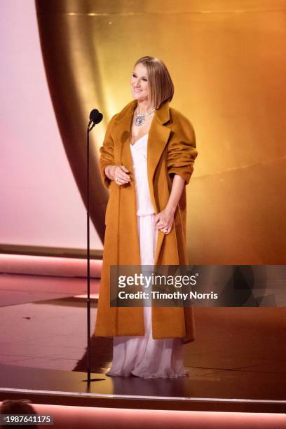 Celine Dion speaks during the 66th GRAMMY Awards at Crypto.com Arena on February 04, 2024 in Los Angeles, California.