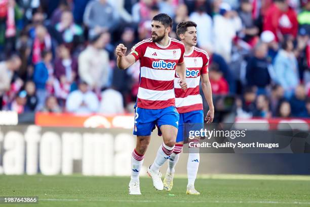 Bruno Mendez Cittadini of Granada celebrates after scoring their side's first goal during the LaLiga EA Sports match between Granada CF and UD Las...