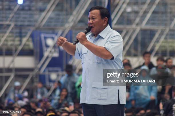 Indonesia's Defence Minister and presidential candidate Prabowo Subianto speaks on the stage an election campaign at the Gelora Bandung Lautan Api...