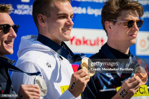 Hector Pardoe of Great Britain bronze, Kristof Rasovszky of Hungary gold, Marc-Antoine Olivier of France silver show the medals after competing in...