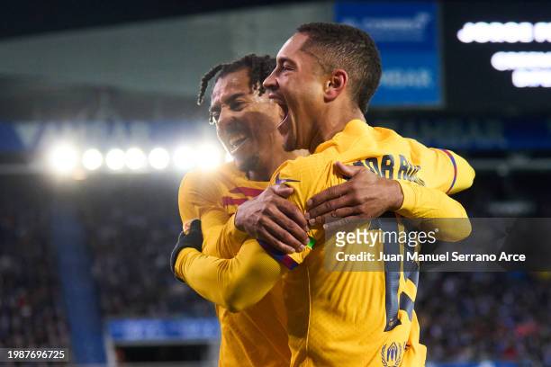 Vitor Roque of FC Barcelona celebrates with his teammates Jules Kounde of FC Barcelona after scoring the team's third goal during the LaLiga EA...