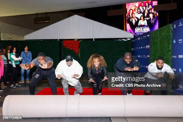 Stephen Price, Nathan Palmer, Jasmine Sanders, Jamon Brown and KeShun Freeman attend the rolling out of the red carpet at THE SUPER BOWL SOULFUL...