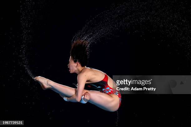 Yuxi Chen of Team People's Republic of China practices ahead of the Women's 10m Platform Final on day four of the Doha 2024 World Aquatics...