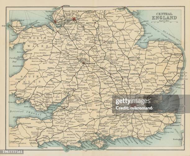 old chromolithograph map of central england - birmingham condado de west midlands fotografías e imágenes de stock