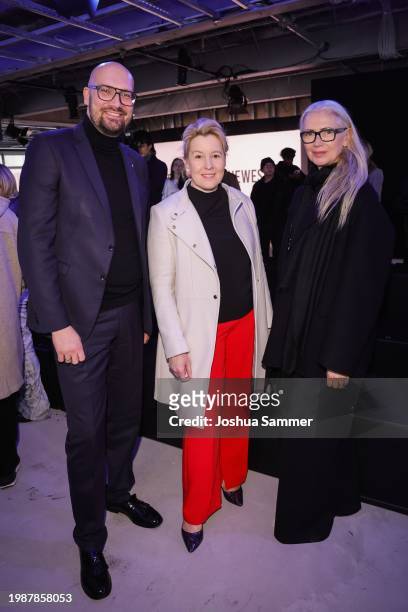 Michael Biel, Franziska Giffey and Christiane Arp attend the Olivia Ballard X NEWEST Fashion Show at Pressecafe on February 05, 2024 in Berlin,...
