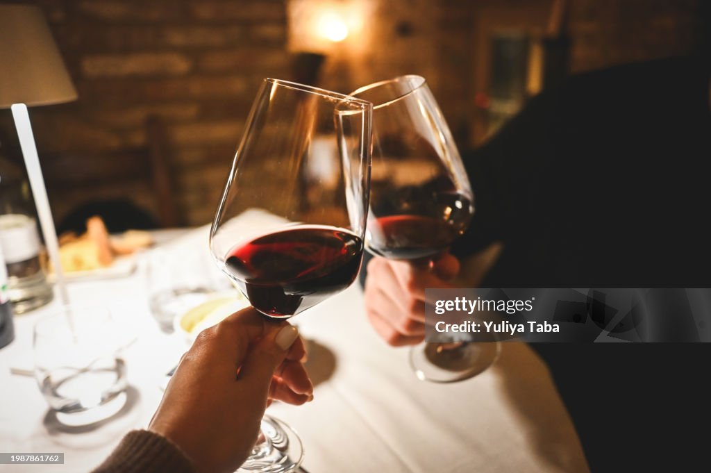 Couple toasting wineglasses in a luxury restaurant.