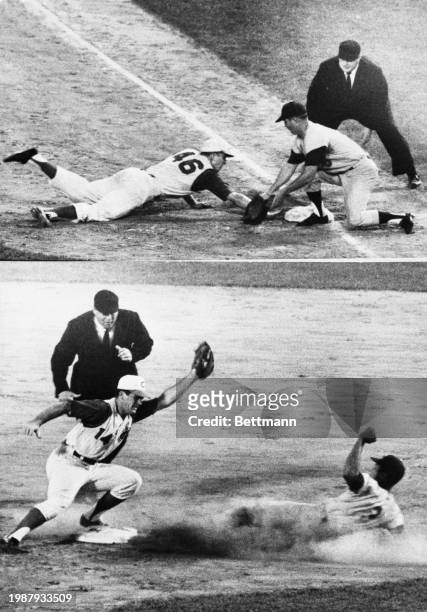 Reds' pitcher Jim Maloney flops back to first in the 2nd inning before being tagged by Dodger Ron Fairly. William Davis steals second before Reds'...