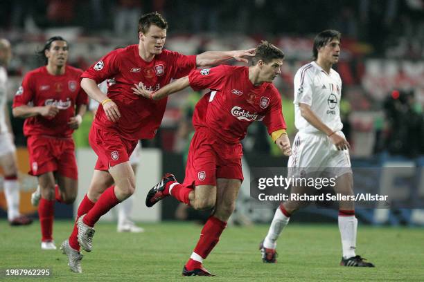 May 25: John Arne Riise and Steven Gerrard of Liverpool celebrate the first comeback goal during the UEFA Champions League Final match between AC...