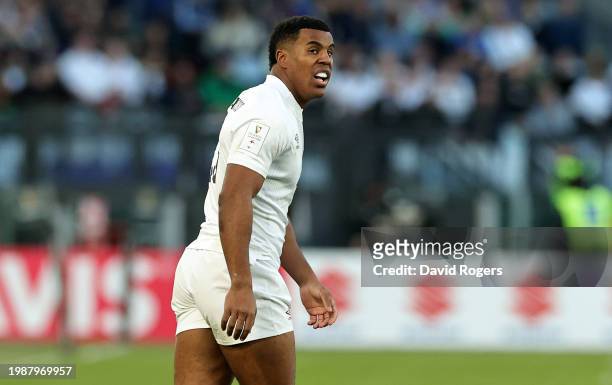 Immanuel Feyi-Waboso of England looks on during the Guinness Six Nations 2024 match between Italy and England at Stadio Olimpico on February 03, 2024...