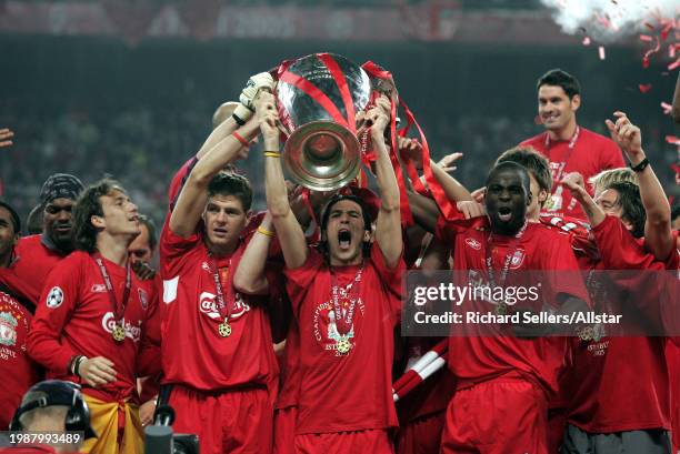 May 25: Steve Gerard, Milan Baros of Liverpool and Djimi Traore With European Cup celebrate after winning the UEFA Champions League Final match...