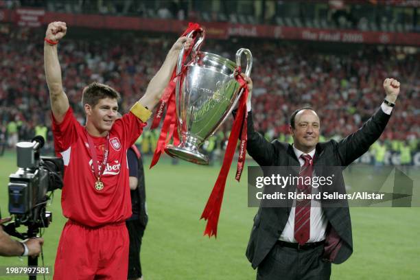 May 25: Steven Gerrard of Liverpool and Rafa Benitez Manager of Liverpool lift The European Cup Trophy after winning the UEFA Champions League Final...