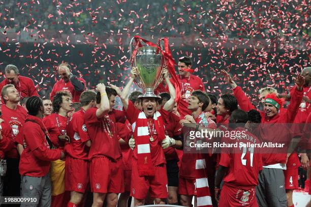 May 25: Vladimir Smicer of Liverpool Lifts the trophy after Liverpool win the UEFA Champions League Final match between AC Milan and Liverpool at...