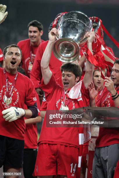 May 25: Xabi Alonso of Liverpool Lifts the trophy after Liverpool win the UEFA Champions League Final match between AC Milan and Liverpool at Ataturk...