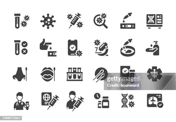 ilustraciones, imágenes clip art, dibujos animados e iconos de stock de iconos de prueba de virus. estilo relleno. - certificado de inmunización