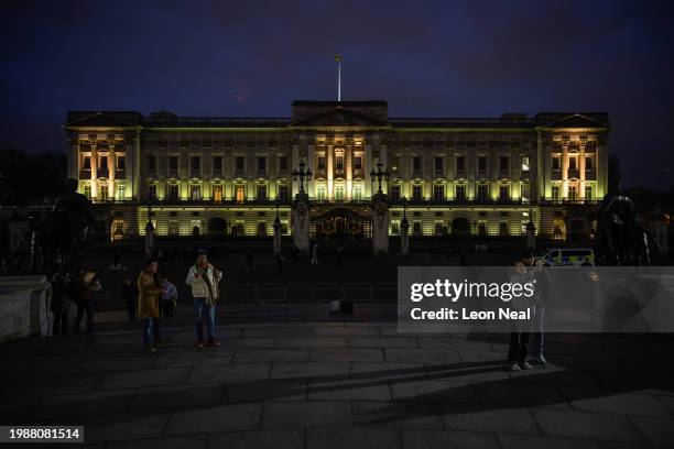 General view of the exterior of Buckingham Palace, the administrative headquarters of the monarch of the United Kingdom, on February 05, 2024 in...