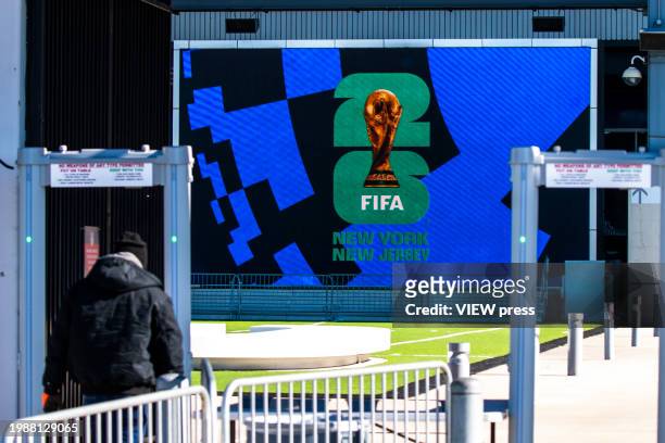 World Cup promotion is displayed at MetLife Stadium after an announcement by FIFA on February 5, 2024 in East Rutherford, New Jersey. FIFA announced...
