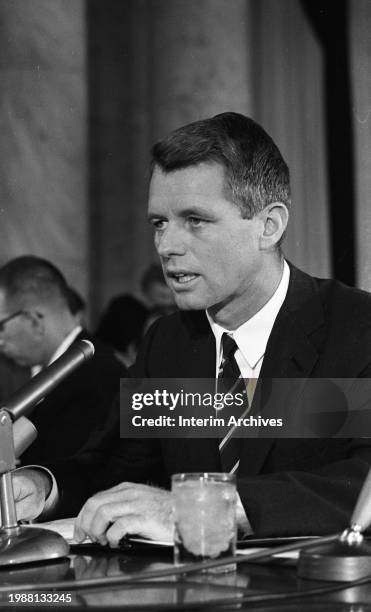 Attorney General Robert F Kennedy testifies at a Senate Subcommittee hearing on the worsening conditions of crime and drug trafficking, Washington,...