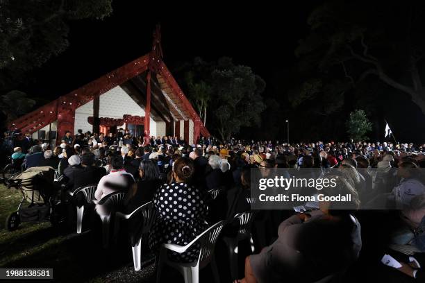 People gather to commemorate Waitangi Day at Te Whare Rūnanga on February 06, 2024 in Waitangi, New Zealand. The Waitangi Day national holiday...