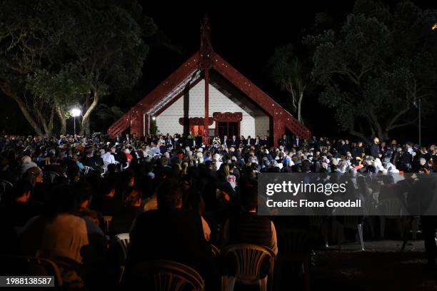 People gather to commemorate Waitangi Day at Te Whare Rūnanga on February 06, 2024 in Waitangi, New Zealand. The Waitangi Day national holiday...