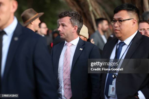 Leader David Seymour leaves Te Whare Rūnanga after the Waitangi Day on February 06, 2024 in Waitangi, New Zealand. The Waitangi Day national holiday...