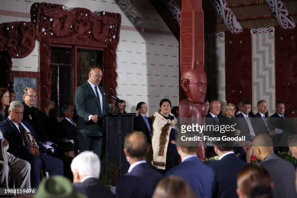 Pita Tipene speaks to commemorate Waitangi Day at Te Whare Rūnanga on February 06, 2024 in Waitangi, New Zealand. The Waitangi Day national holiday...