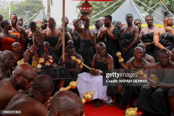 Otumfuo Osei Tutu II , Ghana's Asante king, and his subchiefs looks on at the Manhyia Palace in Kumasi, Ghana, on February 8, 2024 during the...