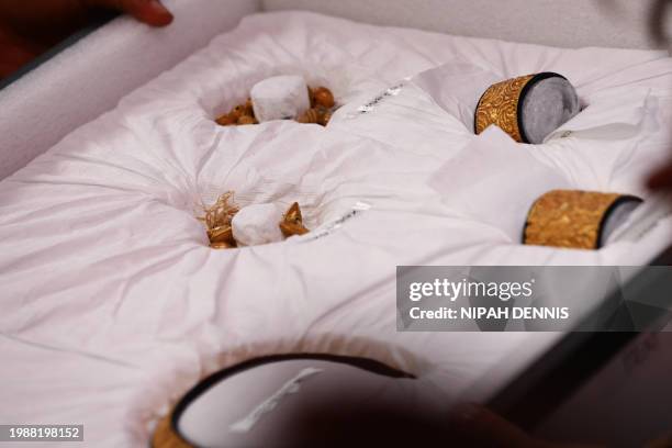 General view of artefacts returned by the Fowler Museum of UCLA at the Manhyia Palace in Kumasi, Ghana, on February 8, 2024. A California museum on...