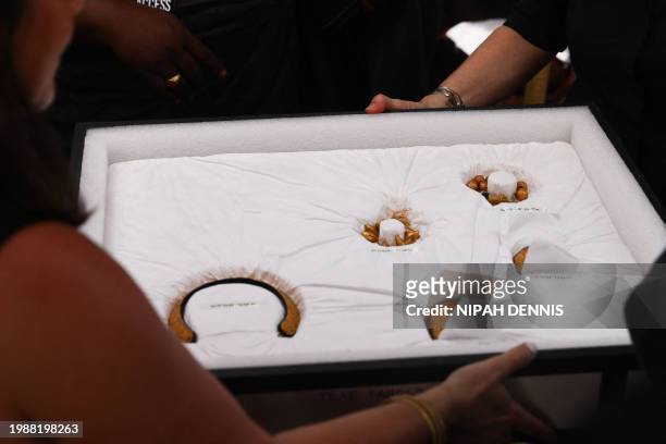 General view of artefacts returned by the Fowler Museum of UCLA , at the Manhyia Palace in Kumasi, Ghana, on February 8, 2024. A California museum on...